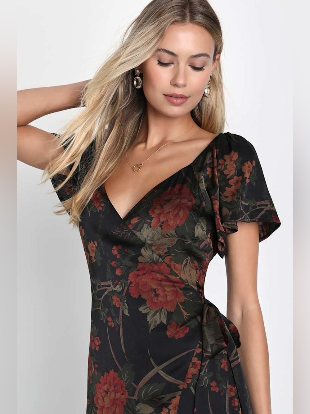 Lulus Subtle Elegance Black Floral Print Faux Wrap Midi Dress - Picture 4 of 9